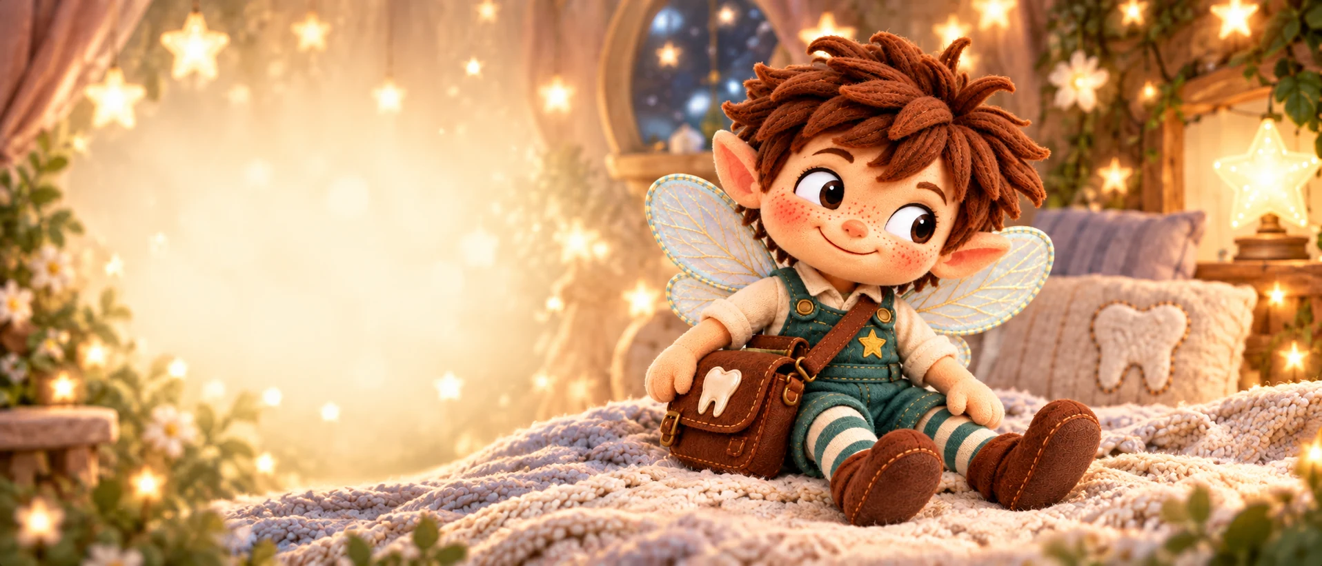 Toots on a cosy patchwork bed with his tooth satchel
