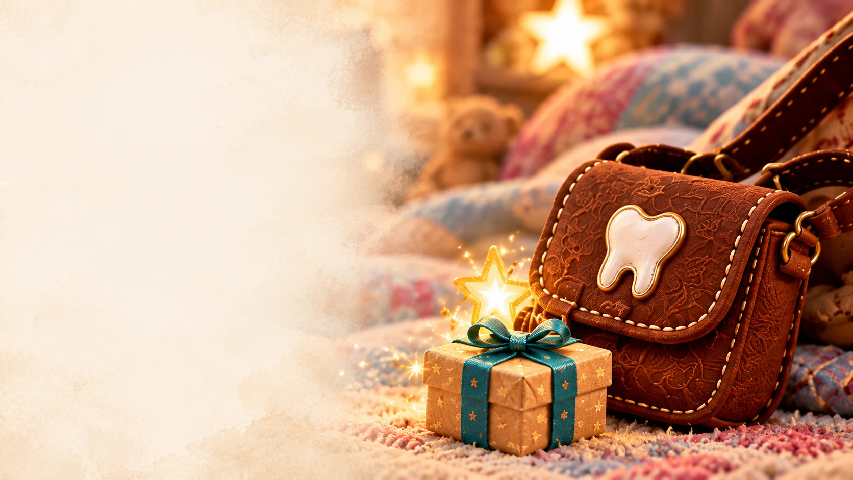 A tooth satchel beside a wrapped gift