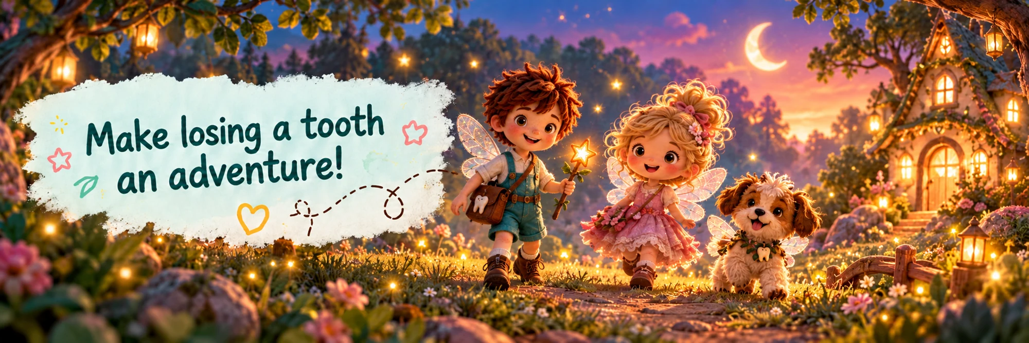 Make losing a tooth an adventure! Toots, Pearly and Molar on a woodland path at twilight